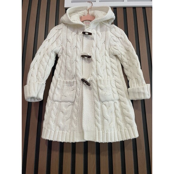 Hoodie Sweater Ecru Fisherman Cable Knit Toggle Hood Cardigan Cotton 18-24 Month - Picture 3 of 8